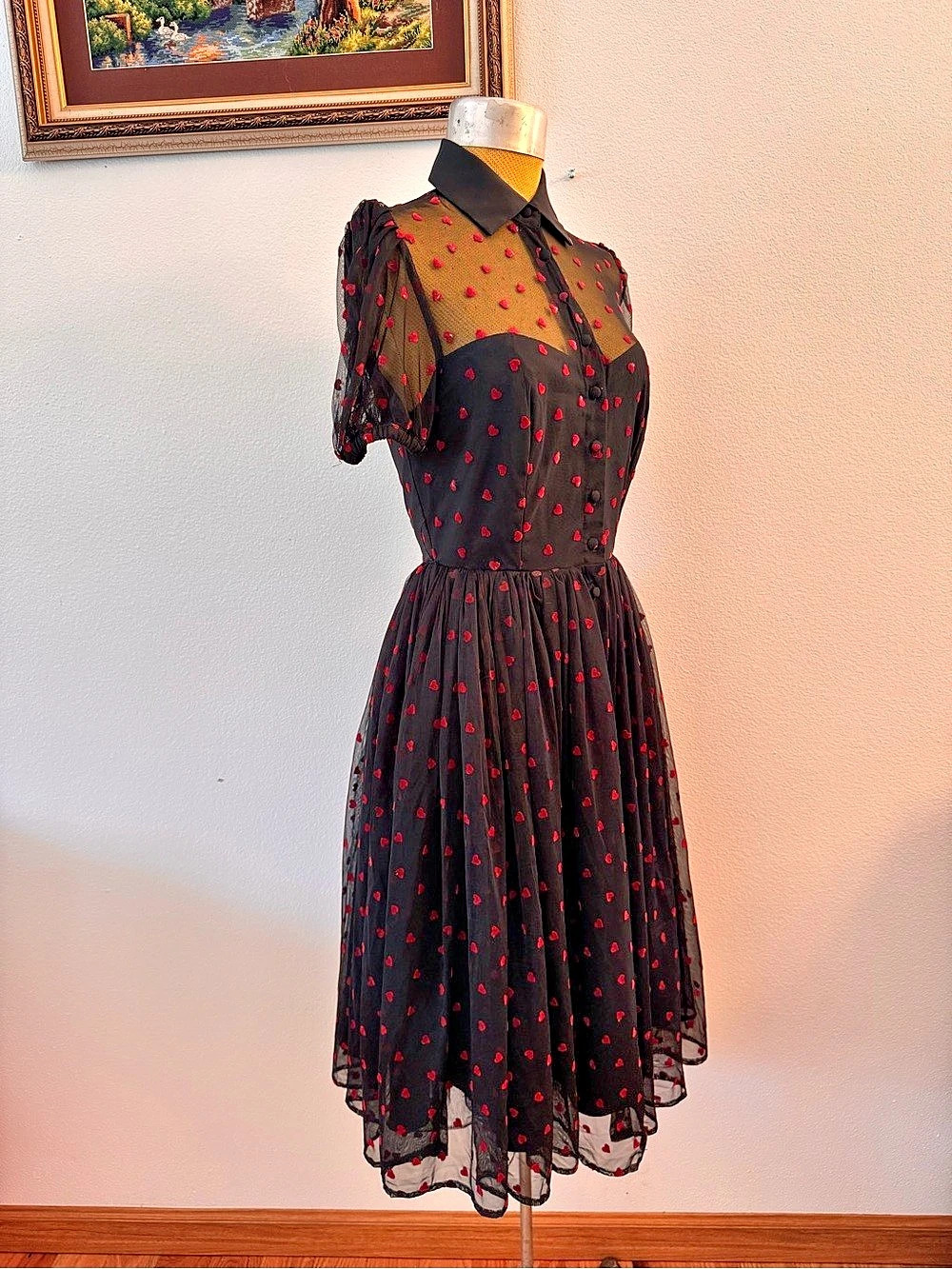 The Vintage Shop Black Red Heart Mesh Dress Size S/4 Retro Romantic - Picture 4 of 8